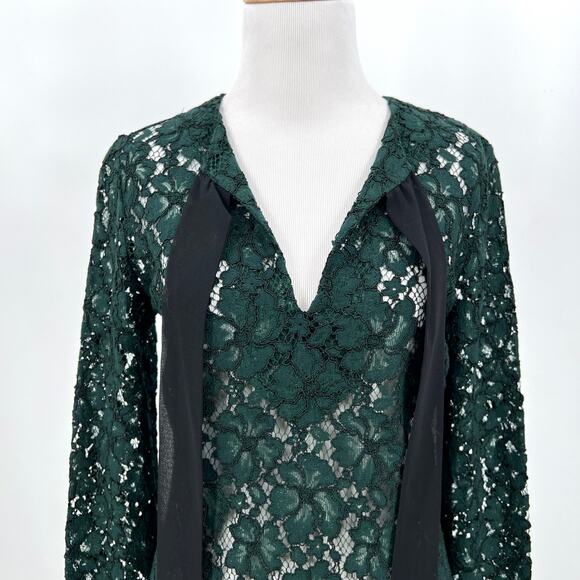 SANDRO Lace Dress Womens Small Green Long Sleeve Tie Neck Mini Sheath - Picture 9 of 16